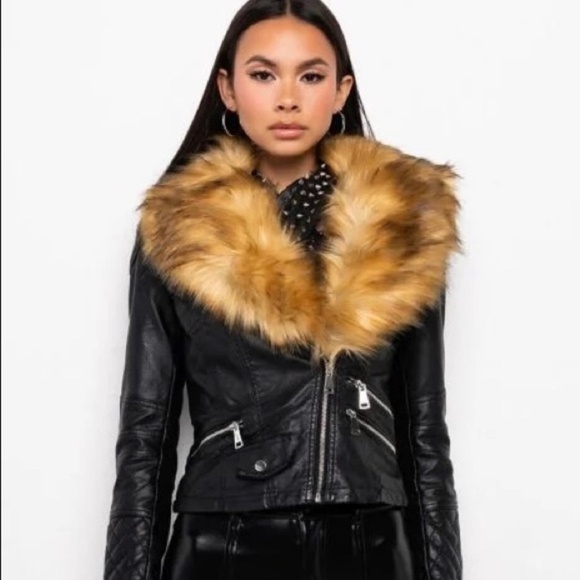 AKIRA Faux Fur Tan Collared Black Leather Moto Jacket Size Medium - Picture 3 of 13